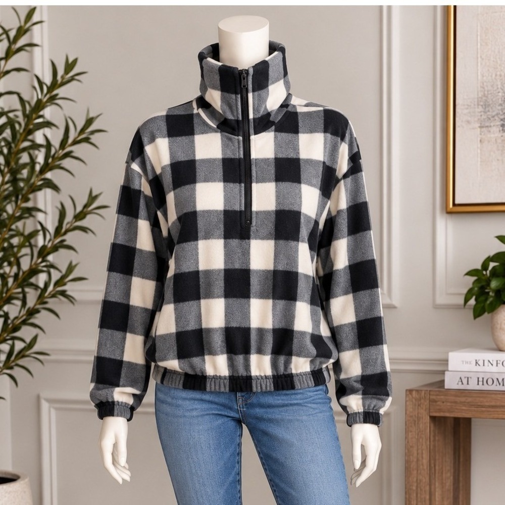 BP. Women Fleece Pullover Buffalo Check Quarter Zip Black Ivory Size Medium